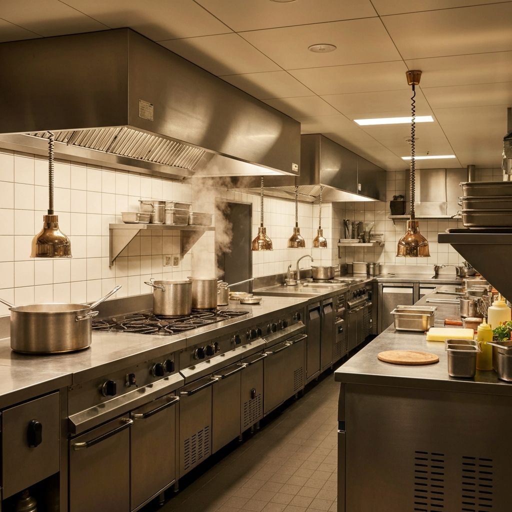 Professional restaurant kitchen with warm lighting